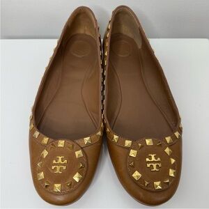 Tory Burch Tan Brown Dale Leather Gold Studded Ballet Flats Women’s Size 10